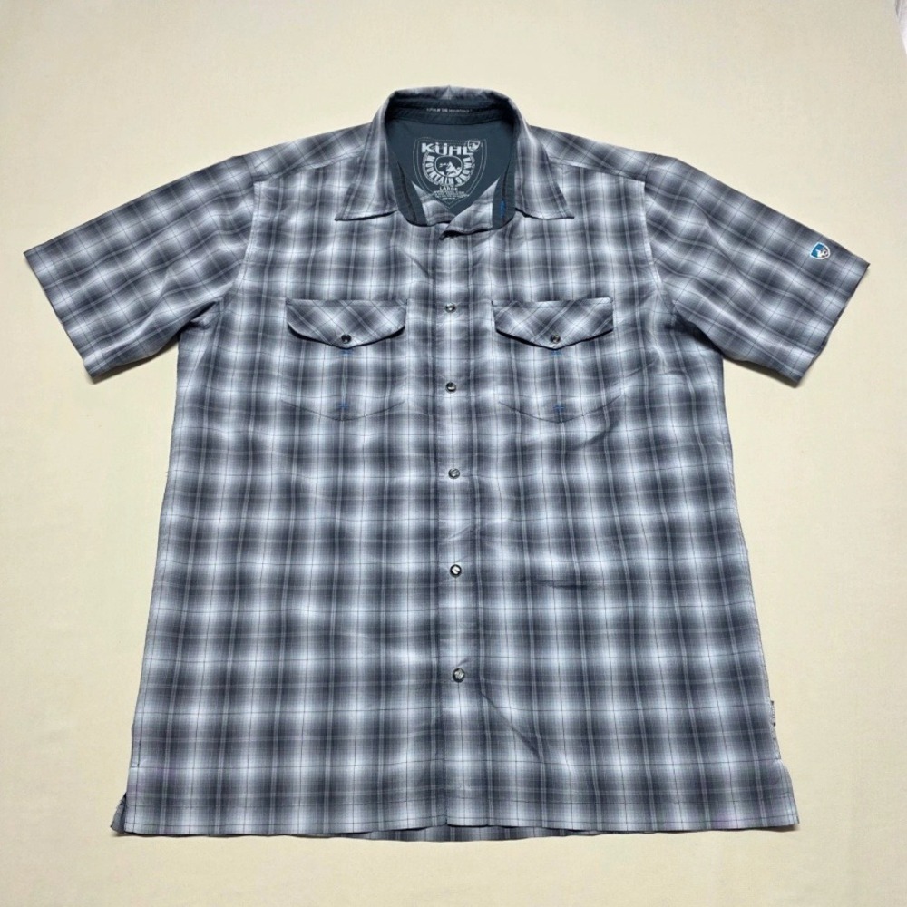 KUHL Mountain Grown Mens Large Gray Plaid Short Sleeve Button Up Shirt Reg Fit
